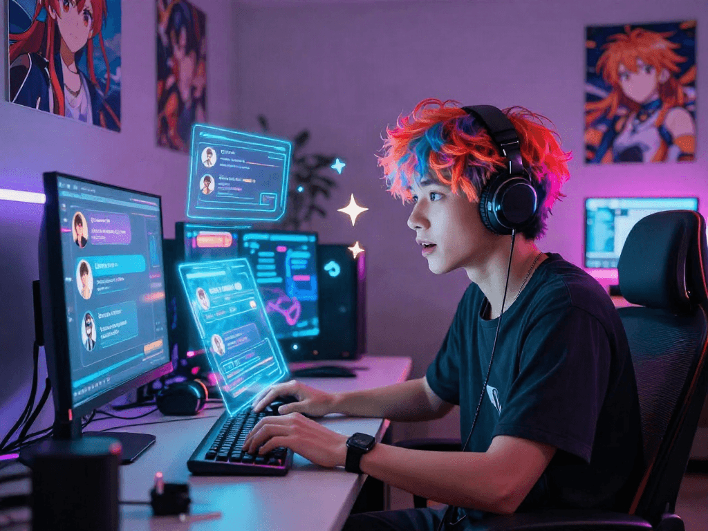 Engaging hentai ai chat character in a vibrant virtual environment with dynamic holographic chat options.