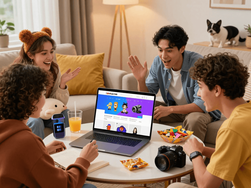 Diverse friends enjoying a lively shopping experience on gacha168's website in cozy living room.