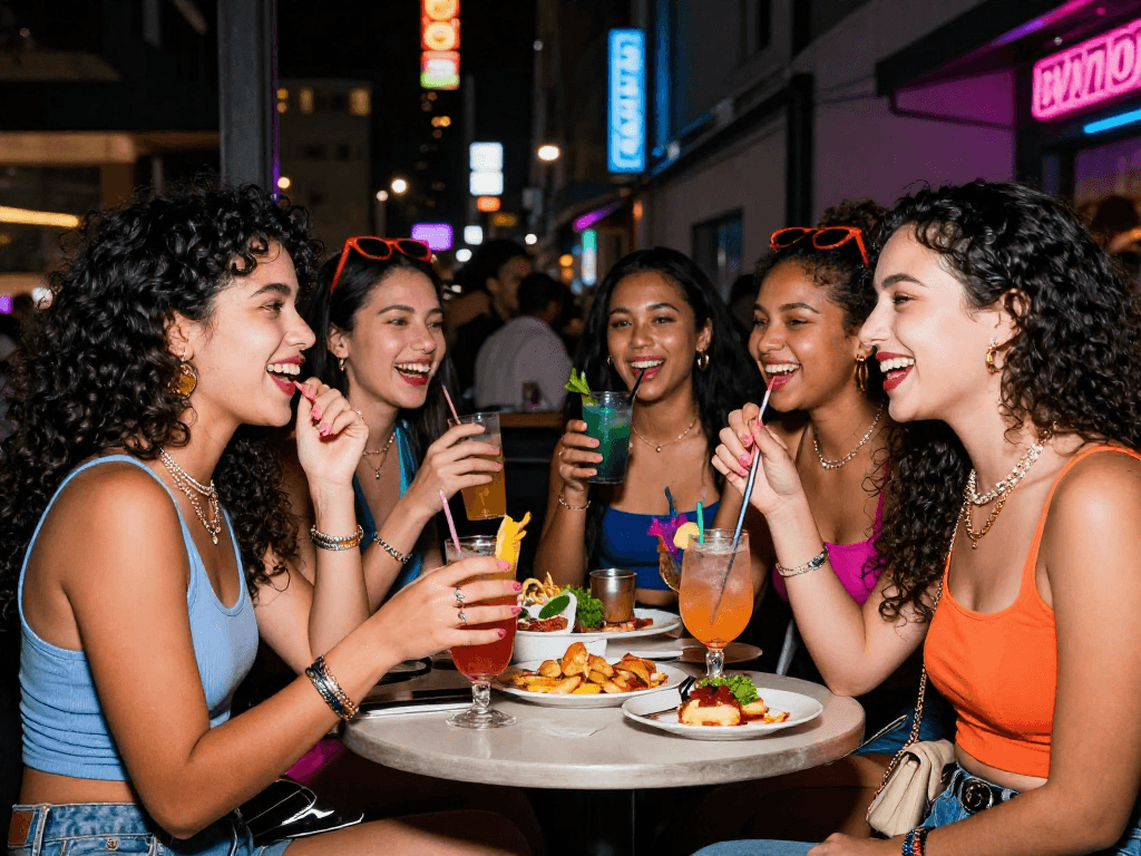 Nhóm gái gọi thời thượng đang tận hưởng buổi tối sôi động bên những món cocktail và đồ ăn