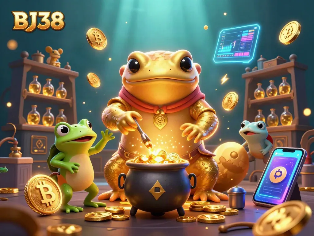 Engage with BJ38's captivating alchemist scene showcasing gold coin transmutation and vibrant casino elements.