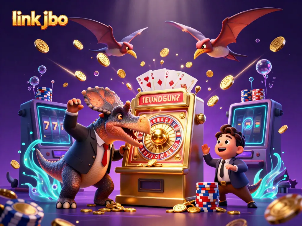 Experience excitement with link jbo as a pachycephalosaurus hits a jackpot slot machine amid flying coins.