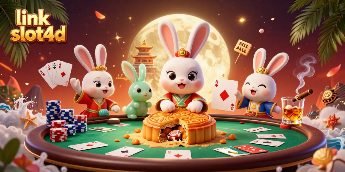 Menggenggam keberuntungan dalam permainan link slot4d dengan kelinci bulan, chip poker, dan suasana kasino yang menawan.