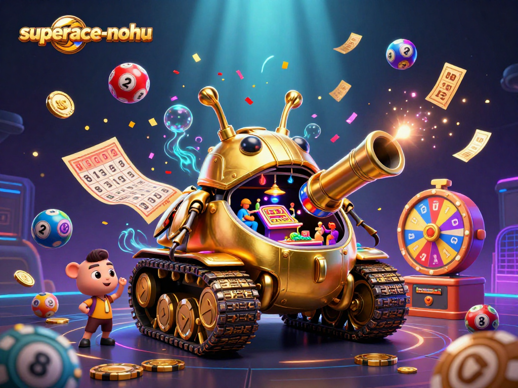 Experience thrill with superace-nohu in a vivid 3D casino scene filled with colorful lottery elements.