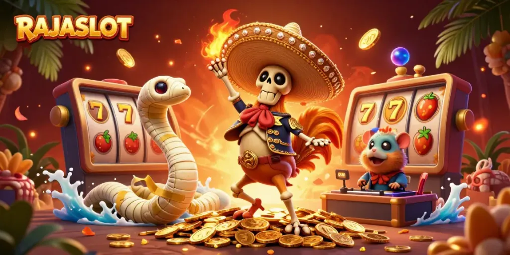 Bergabunglah dengan keseruan RAJASLOT sambil menyaksikan skeleton mariachi merayakan di tumpukan koin emas.