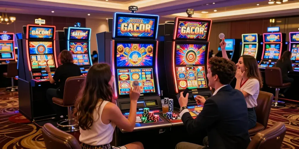 Exciting slot gacor gaming experience with friends enjoying vibrant casino atmosphere.