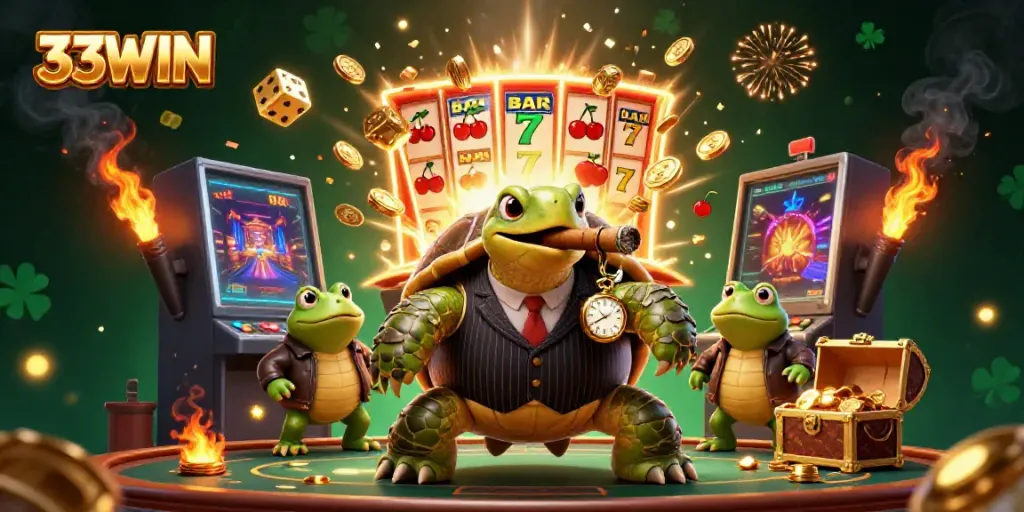 Cheerful casino scene with 33WIN brand showing a cartoon turtle and bullfrogs amidst vibrant gaming elements.