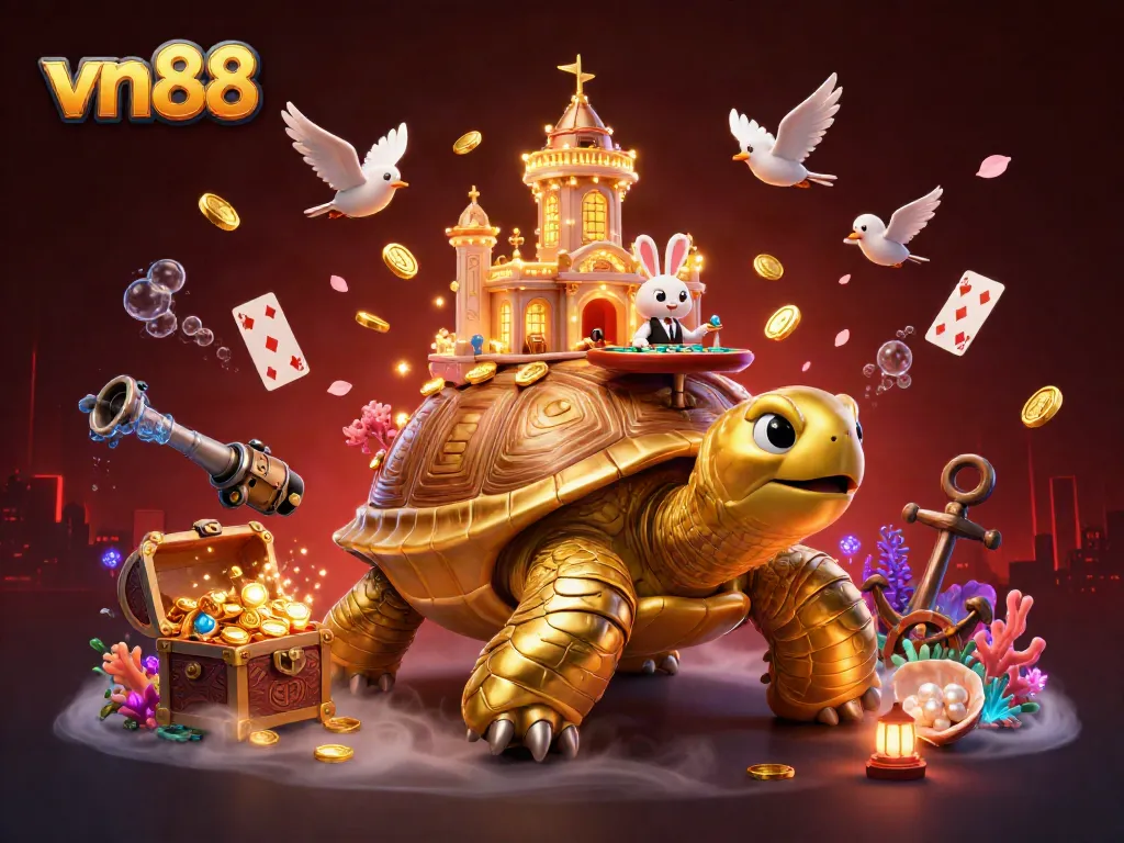 Experience thrilling action with vn88 at a vibrant casino scene featuring a unique golden tortoise and exciting games.