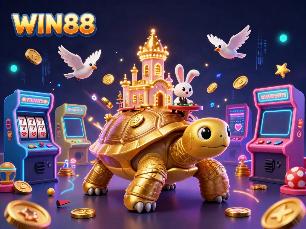 Experience the thrill of WIN88 with a rabbit dealer and golden tortoise casino in a vibrant 3D scene.