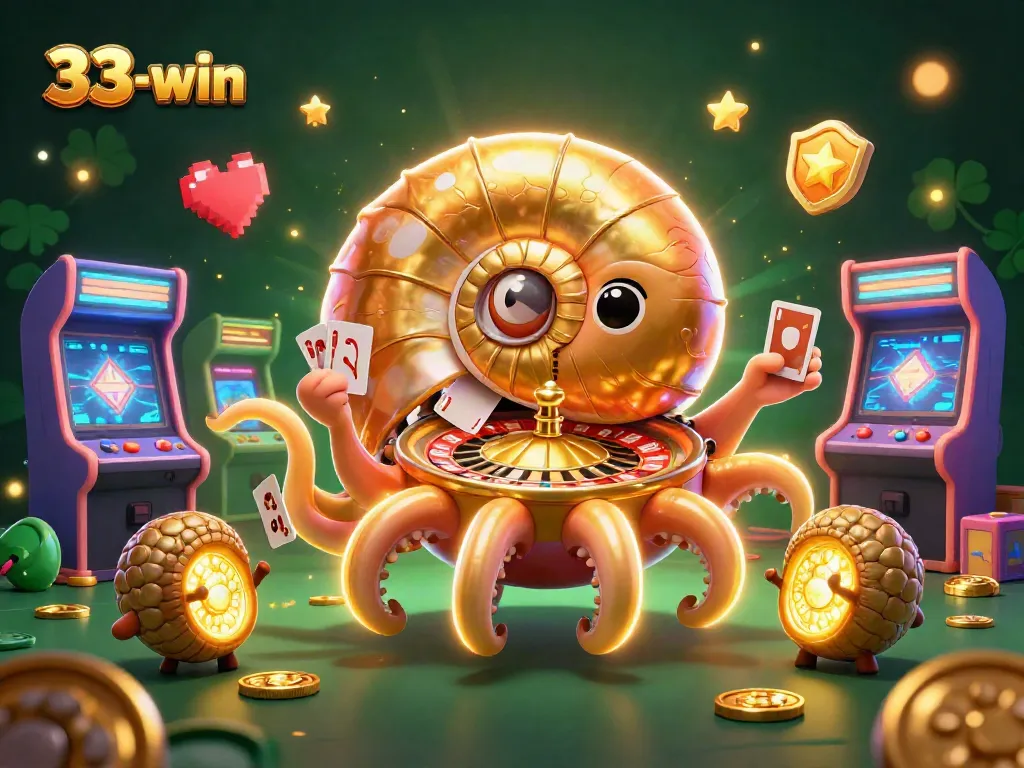 Engage in thrilling gameplay with 33-win, featuring a giant nautilus roulette and vibrant gaming elements.
