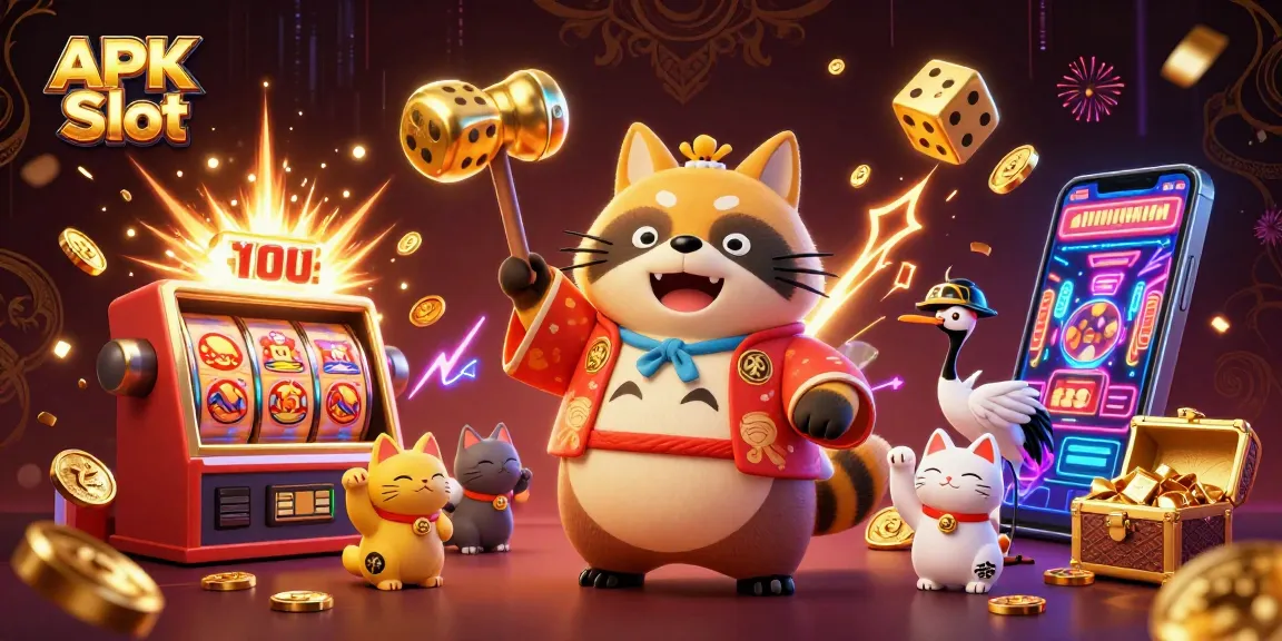 Spin to win with APK Slot's vibrant 3D celebration featuring lucky charm characters and slot machine excitement!