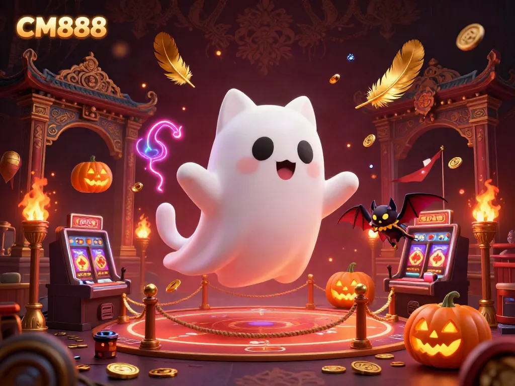 Experience the thrilling CM888 world with a ghost cat and bat in a vibrant haunted casino.