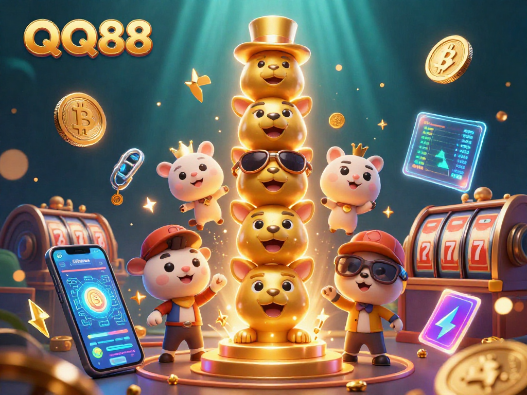 Engage in the thrilling world of QQ88 casino, showcasing vibrant totem figures amidst dynamic slot elements and cryptocurrency.