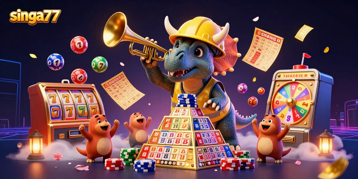 Singa77 features a 3D triceratops building poker chips amid lottery excitement and celebratory elements.