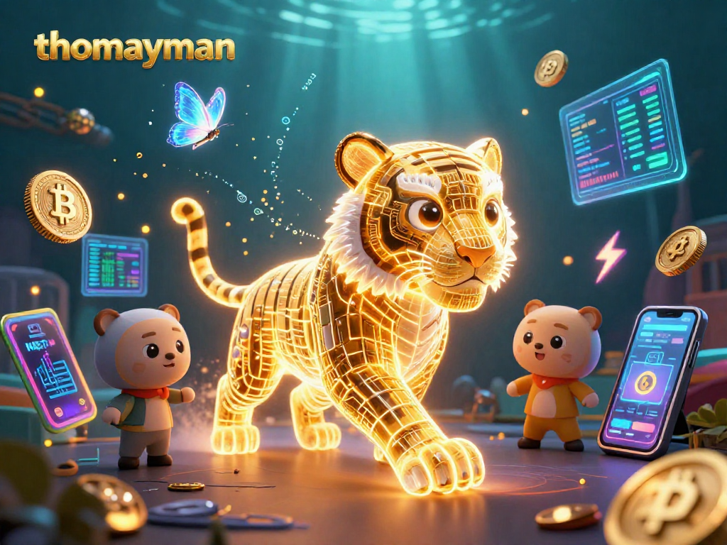 Engage in thrilling gameplay with thomayman, as golden tiger and data butterflies animate a vibrant crypto casino scene.