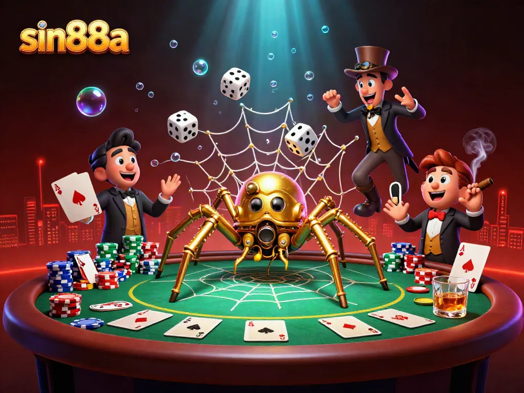 Engage with sin88a's thrilling atmosphere illustrated by a steampunk spider and poker elements.
