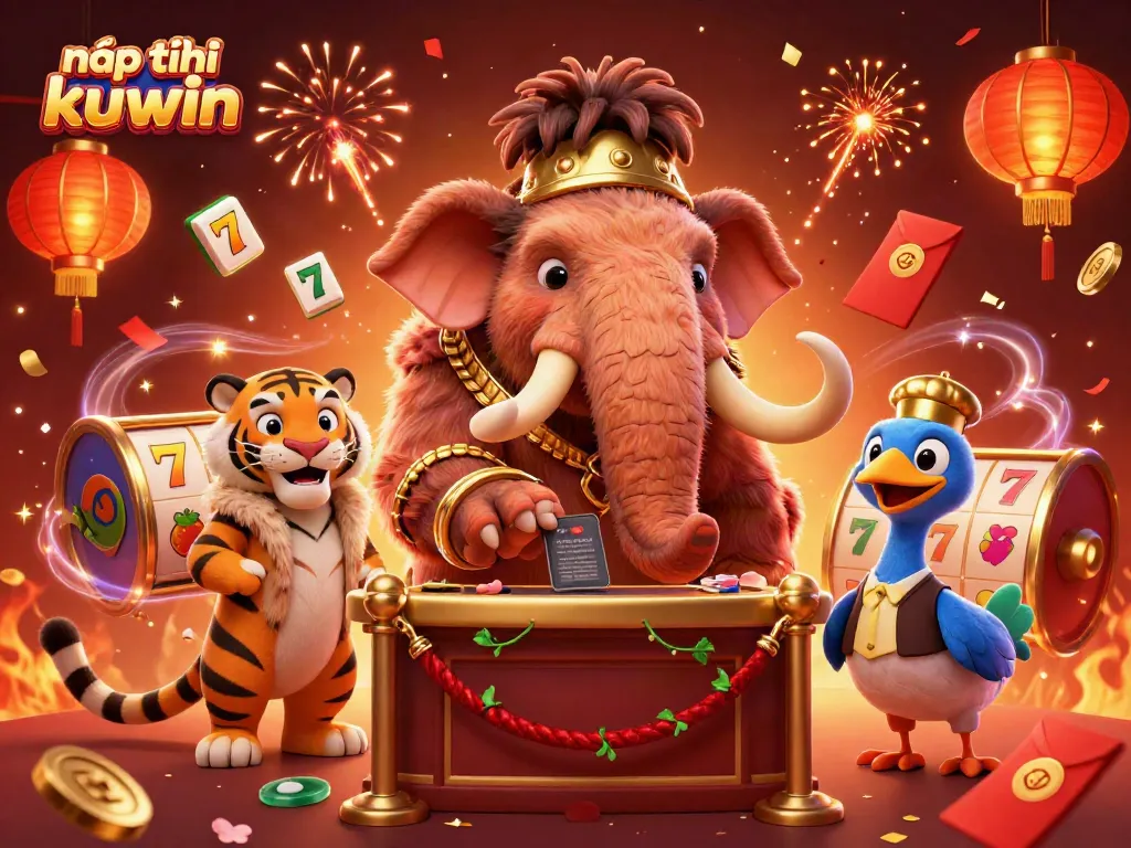 Nạp tiền kuwin with a colorful scene of casino characters welcoming VIP guests with festive elements.