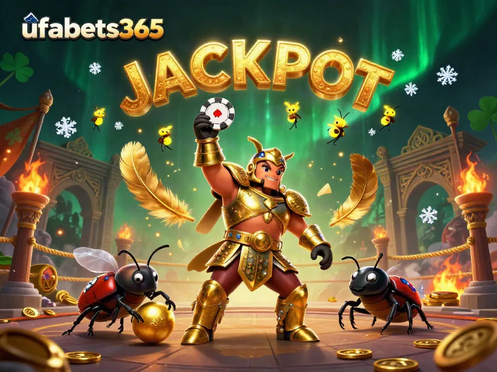 Experience exciting wins with ufabets365 as a heroic beetle lifts a poker chip in celebration.