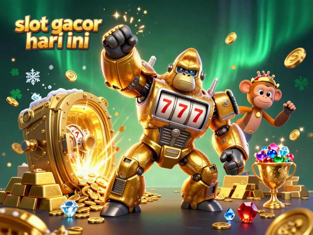 Rasakan slot gacor hari ini dengan ilustrasi 3D yang menampilkan gorila emas dari mesin slot, menyemburkan koin.