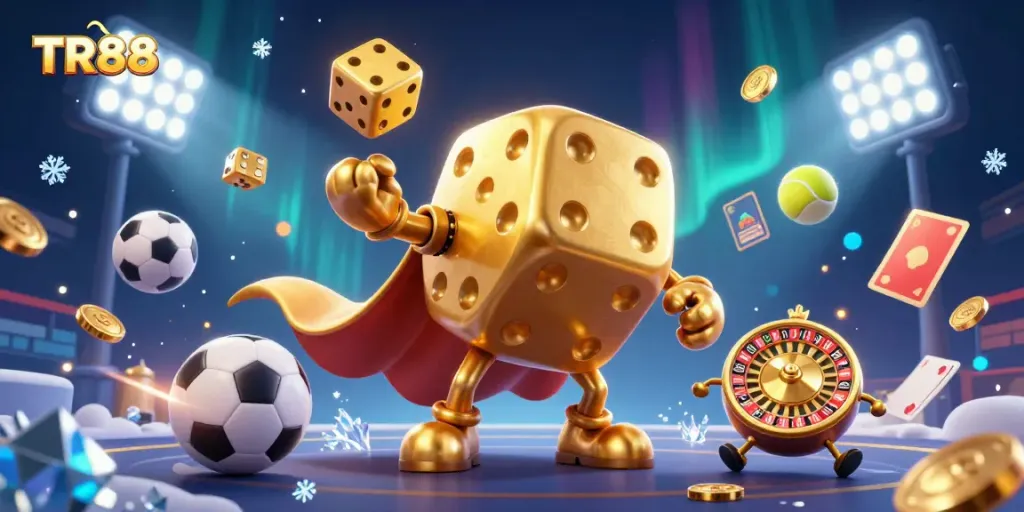 Experience thrilling action at TR88 with golden dice and dynamic sports balls in vivid 3D illustration.