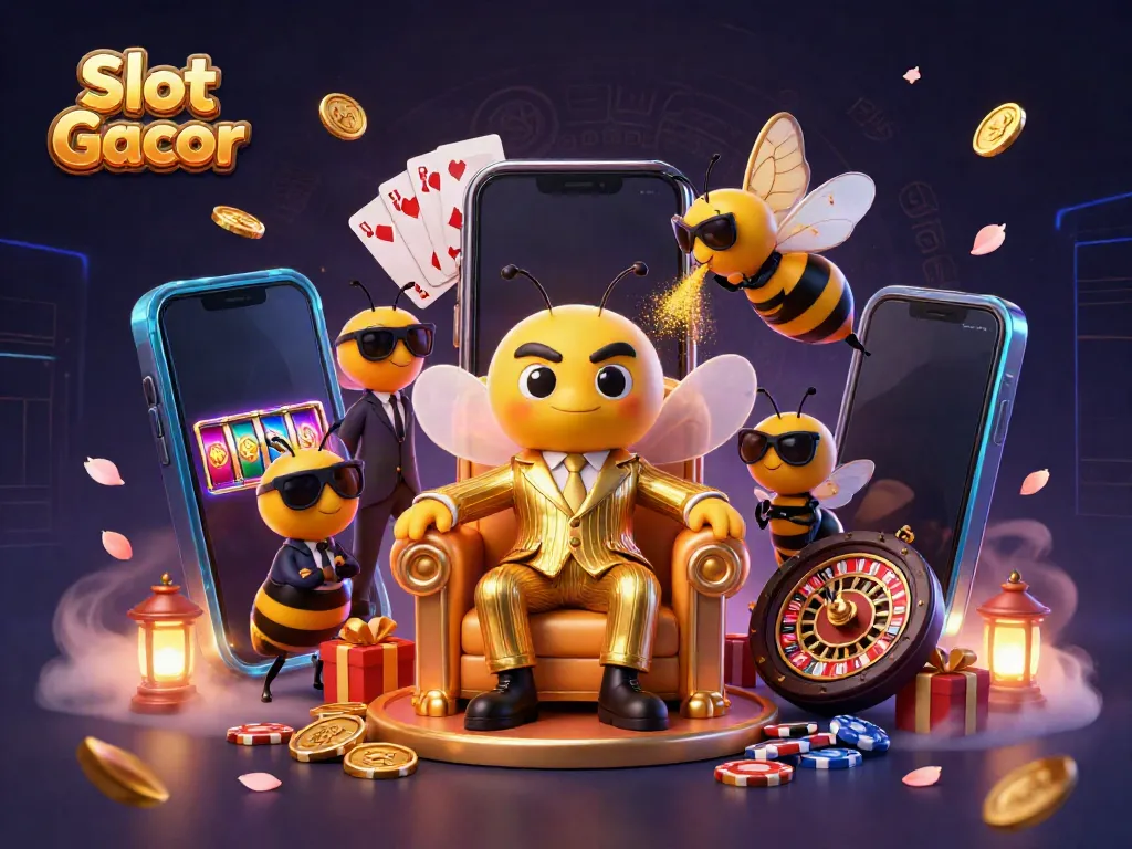 Experience the thrill of Slot Gacor as a bumblebee mob boss and his crew celebrate jackpots with vibrant casino elements.