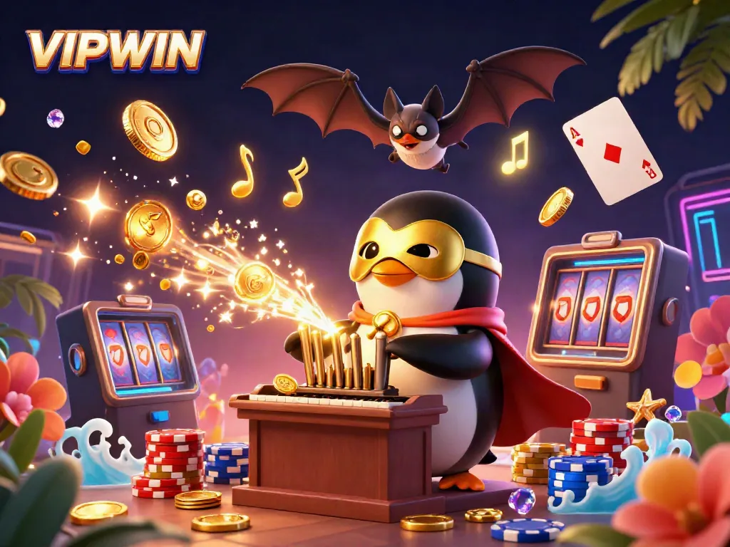 Play and win at VIPWIN with a vibrant 3D scene of a penguin organist and casino elements.