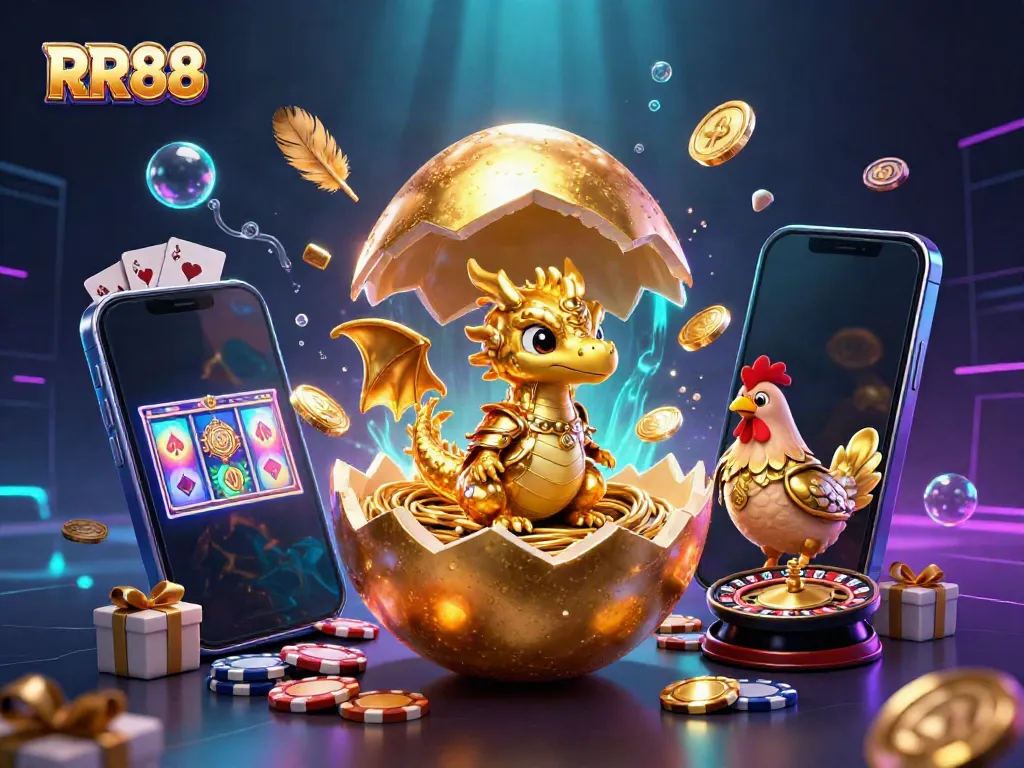 Experience the vibrant thrill of RR88 with a golden dragon guarding poker chips amidst a dazzling casino scene.