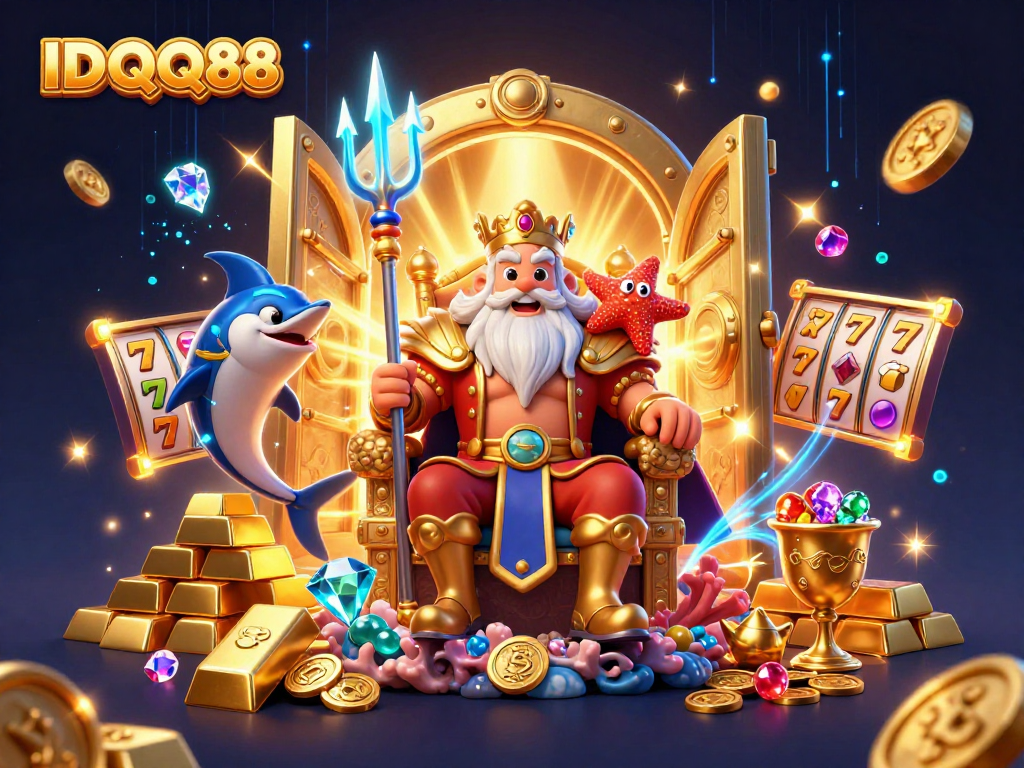 IDQQ88 showcases a vibrant 3D scene with Neptune, slot elements, and luminous treasure.