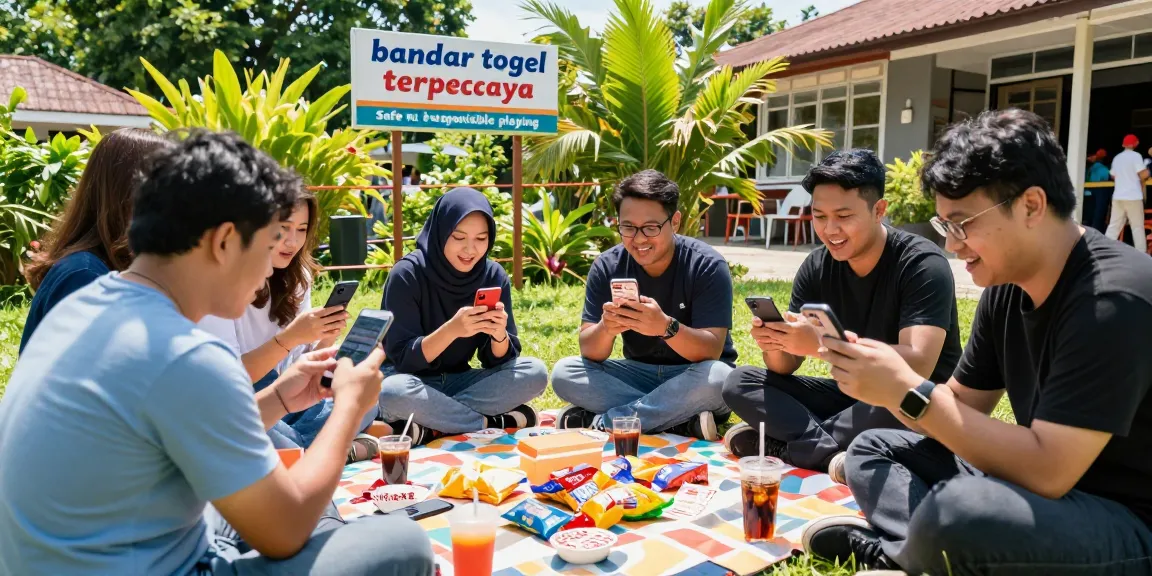 Aktivitas kelompok menikmati bandar togel terpercaya di luar ruangan, menggunakan ponsel untuk memeriksa hasil undian.