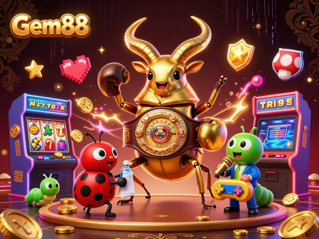 Gem88 features vibrant slot reels and characters in a casino scene filled with dynamic energy.