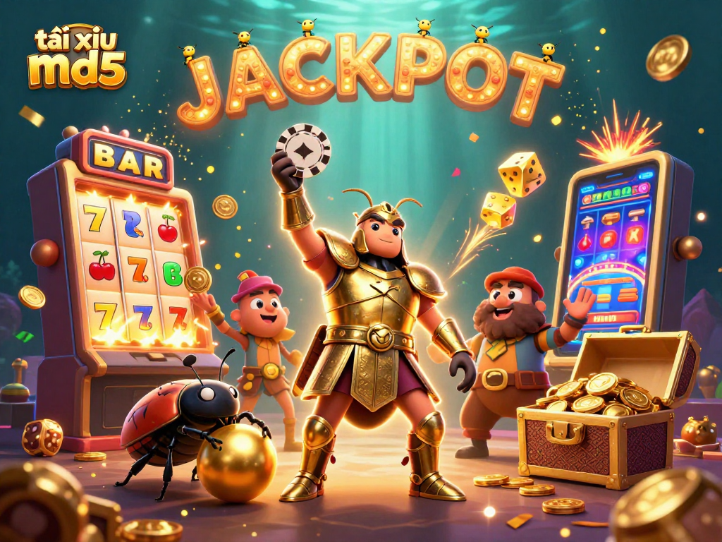 Engage with the excitement of tài xỉu md5 as cartoon beetles celebrate a jackpot in a vibrant casino scene.