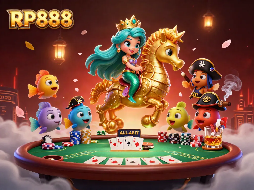 Experience the thrill of RP888 with a cartoon mermaid, giant seahorse, and vibrant casino elements.