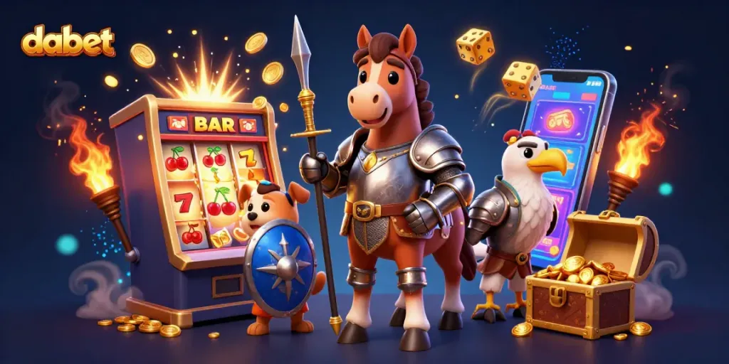 Engage with Dabet's thrilling casino experience featuring knights, slots, and vibrant gaming elements.