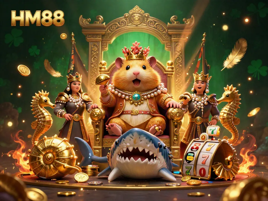 Engage with the unique HM88 gaming experience featuring a hamster king on a megalodon throne amidst vibrant casino elements.
