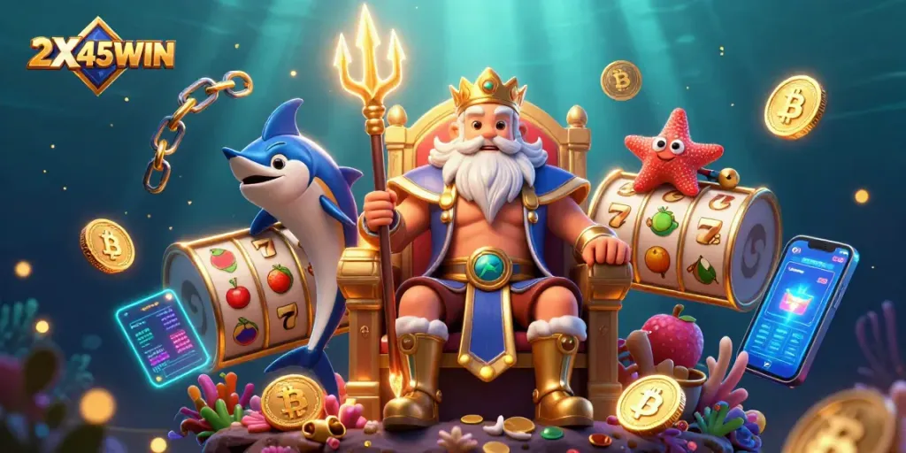 Menangkan permainan slot dengan 2X45WIN yang menampilkan karakter raja laut dalam ilustrasi 3D yang memukau.