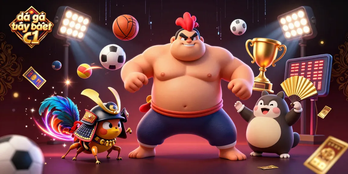 Exciting scene depicting đá gà trực tiếp c1 with a powerful sumo rooster and a fierce cricket amid sports elements.