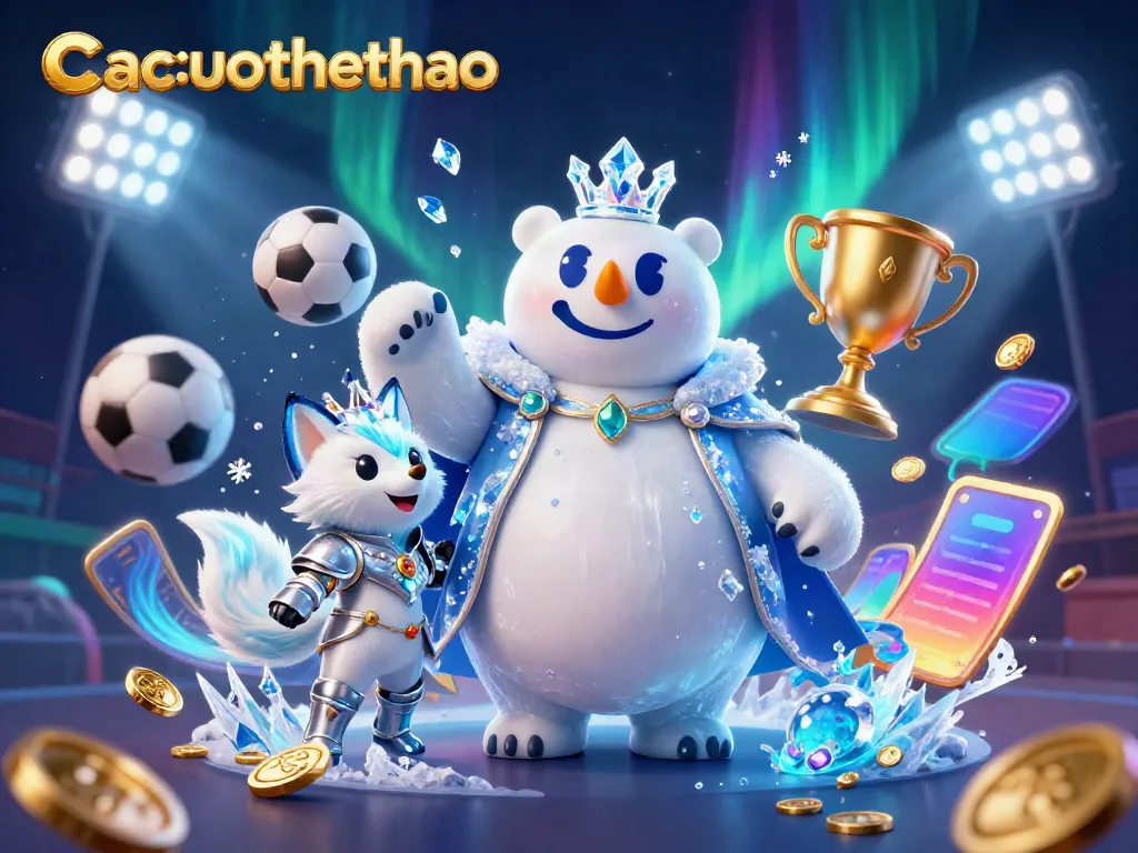 Cacuocthethao showcases a vibrant sports betting scene with a polar bear king and fox companion amidst swirling energy.