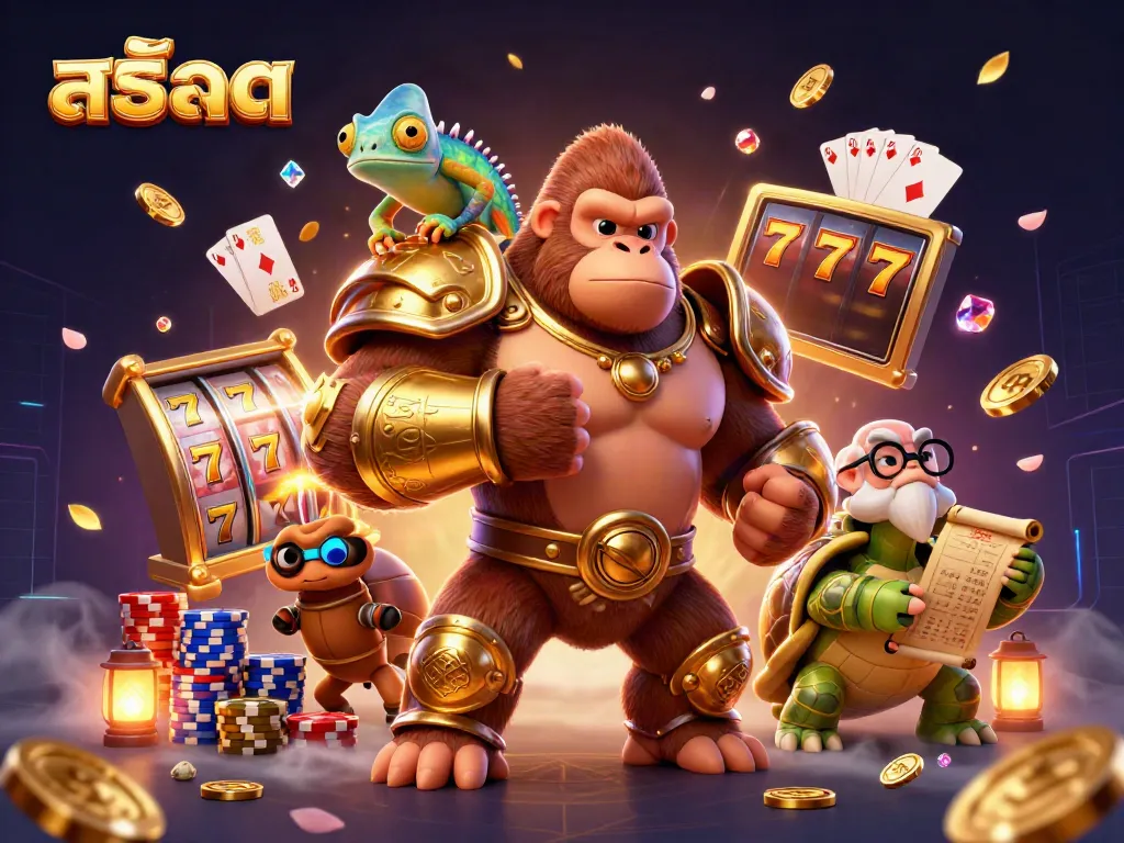 Experience the excitement of สล็อต with engaging characters and dynamic gaming elements in a vibrant scene.