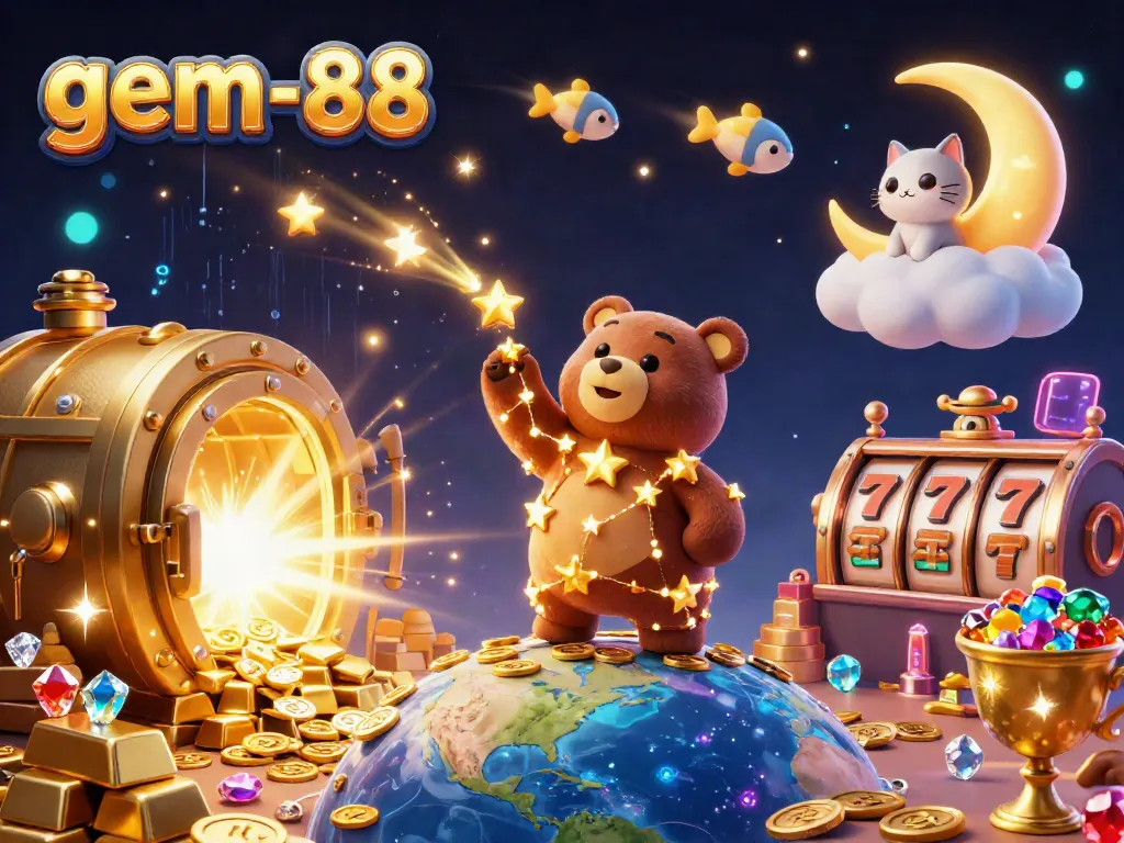 Experience the thrill at gem-88 with a cosmic illustration of a golden bear and vibrant casino elements.