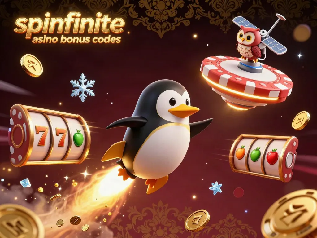 Experience spinfinite casino bonus codes with a dynamic scene of golden penguins and casino elements.