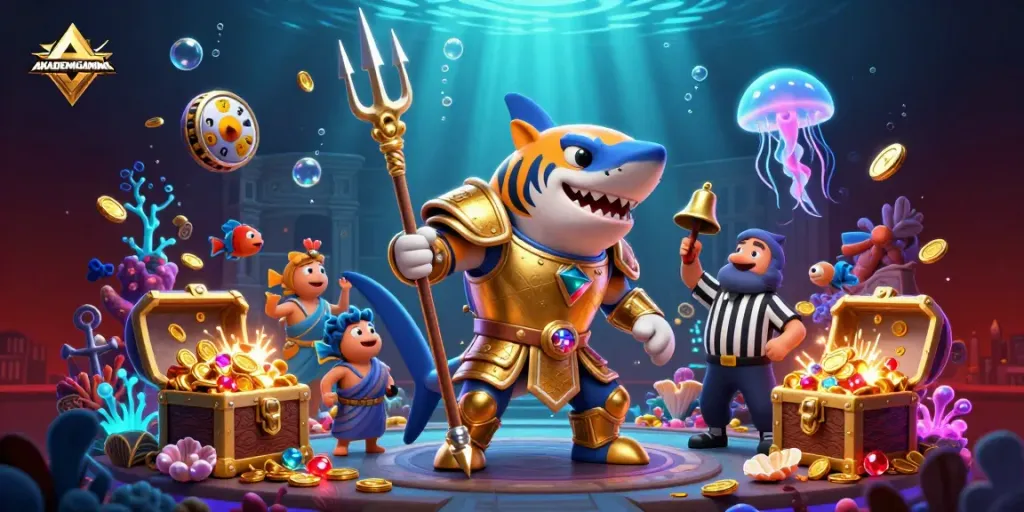 Experience thrilling gameplay with AKADEMIGAMING's underwater casino featuring vibrant characters and treasures.