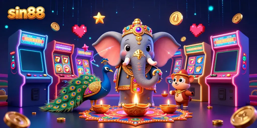 Engage with sin88 through vibrant casino-themed illustration featuring festive characters and gaming elements.
