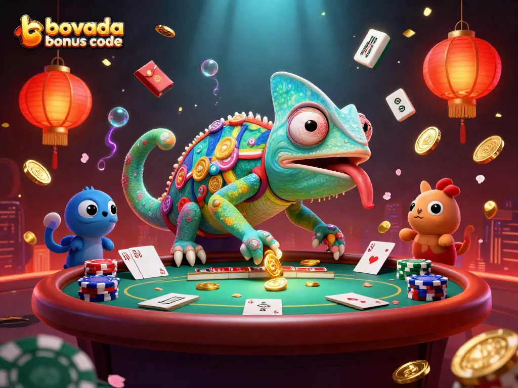 Engage with the Bovada bonus code scene showcasing the vibrant 3D chameleon casino owner amidst poker excitement.