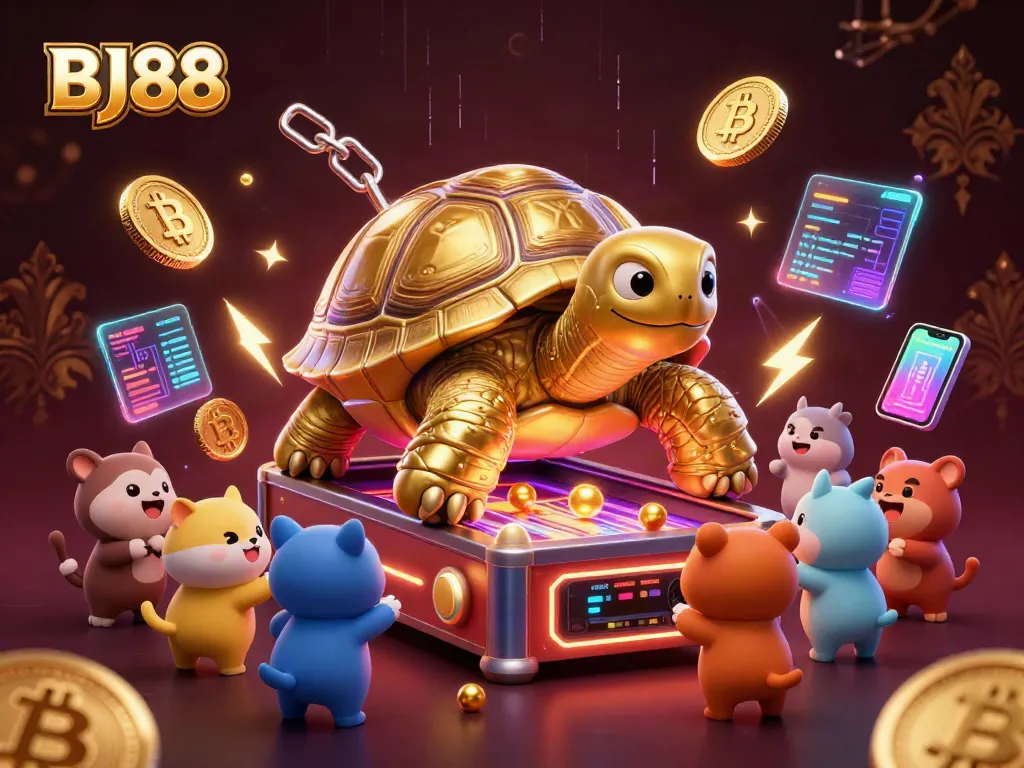 Experience thrilling gaming at BJ88 with a dynamic illustration featuring vibrant casino elements and a whimsical tortoise.