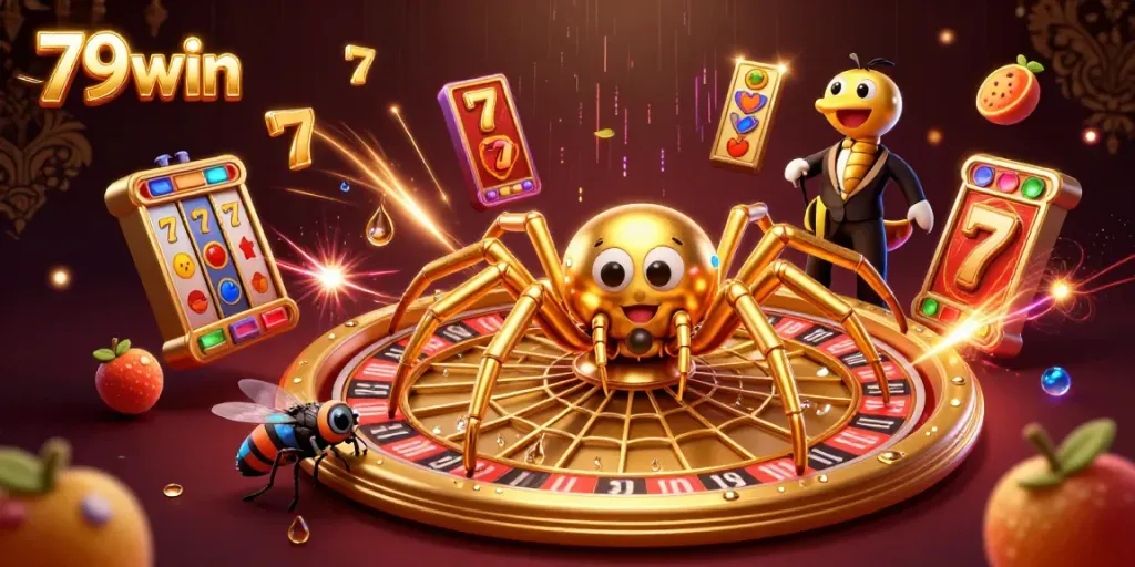 79win action-packed illustration with a spider and fly in a roulette wheel scene, vibrant details