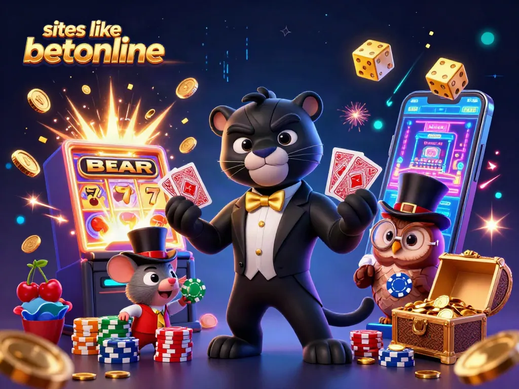 Engaging scene depicting characters exploring sites like BetOnline with vibrant casino elements and action.