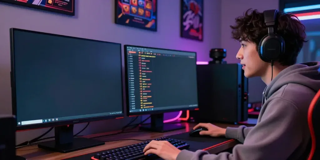 Akujnp gaming setup featuring a player engaged in slot games on dual screens.