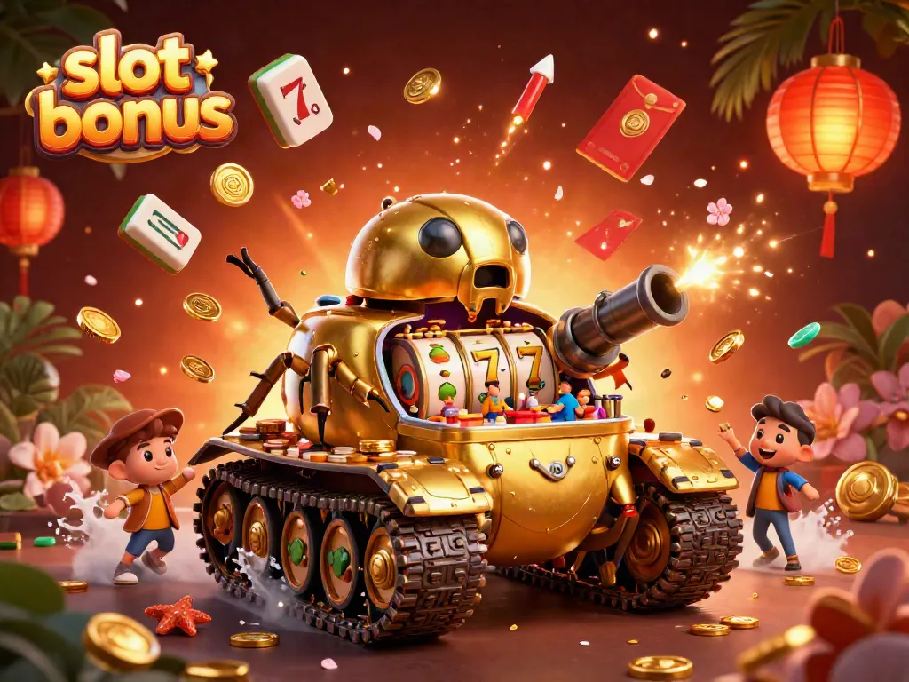 Engage with thrilling slot bonus action within 3D cartoon casino adventure featuring gold beetle tank, vibrant game symbols, and dynamic festive elements.