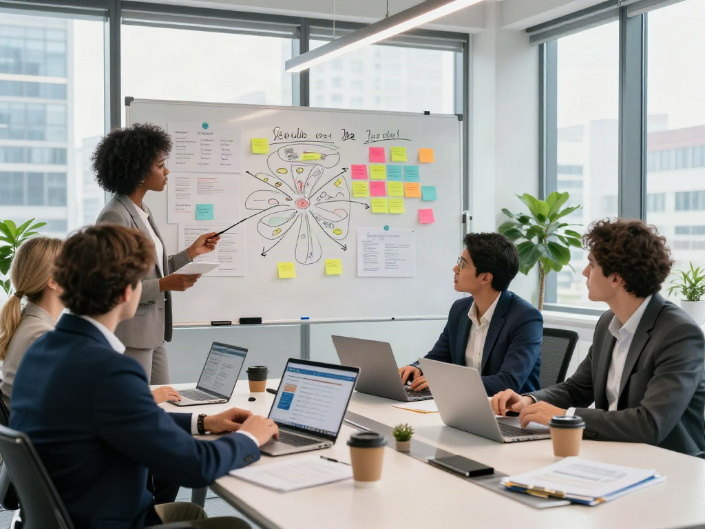 Professionals collaborating on job search strategies and opportunities in a modern office