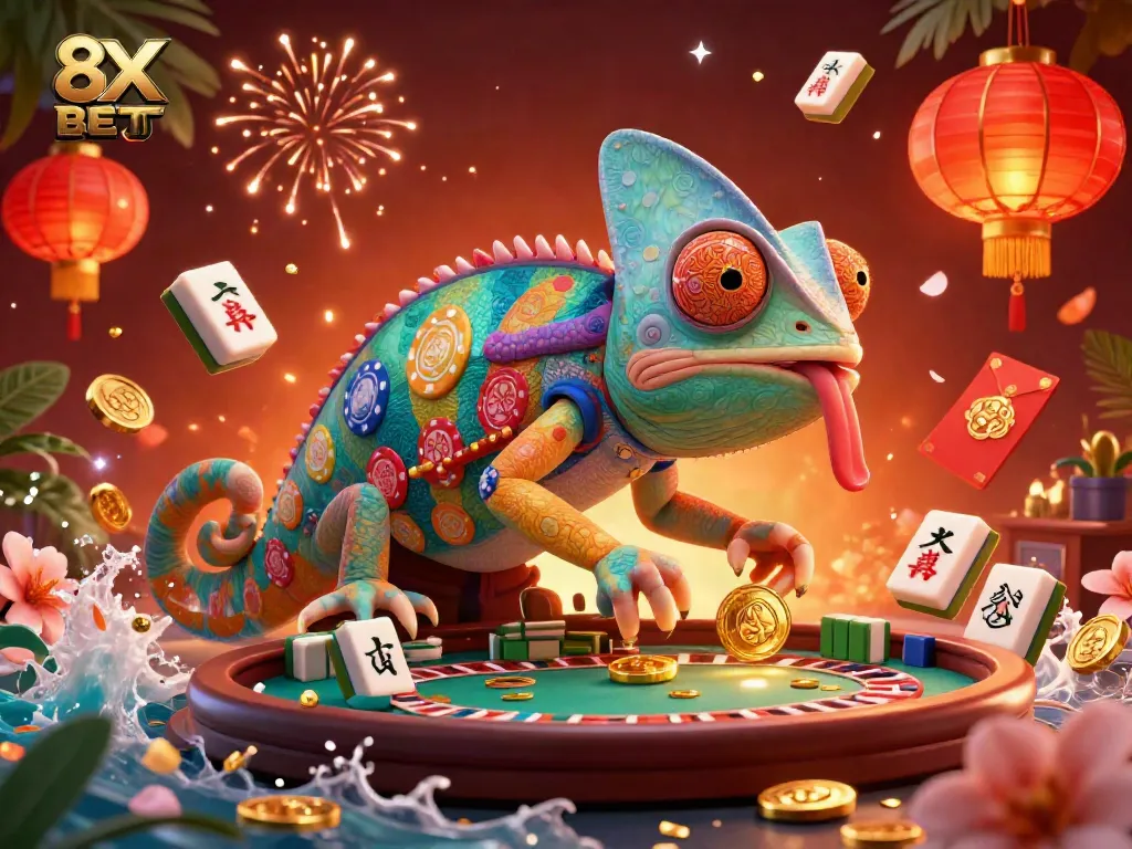 Engage in thrilling gaming with the vibrant 3D scene showcasing 8X BET's chameleon casino owner surrounded by dynamic elements.