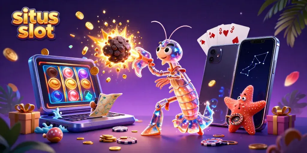Ilustrasi 3D yang menampilkan situs slot dan karakter yang terlibat dalam permainan menarik dengan cuplikan slot.